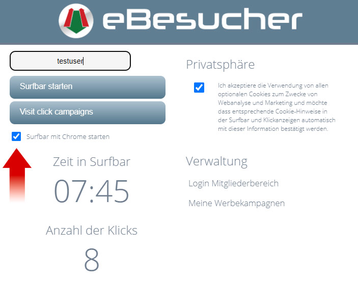 eBesucher Chrome-Addon mit aktivierter Option Surfbar mit Chrome starten