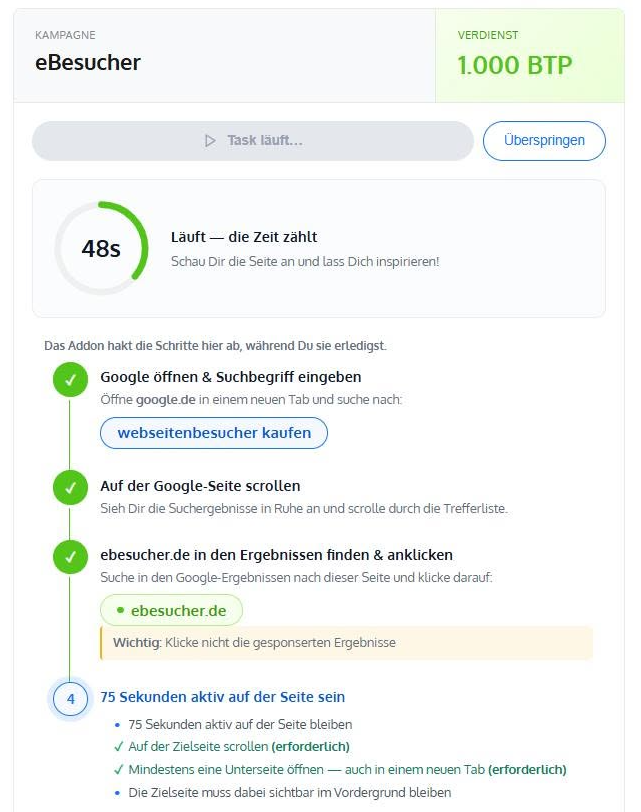 Ablauf eines Tasks im eBesucher Addon: Google öffnen, Suchergebnis anklicken, 75 Sekunden aktiv auf der Seite bleiben