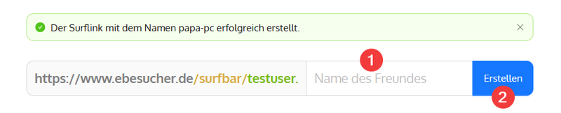 Screenshot: Neuen Surflink erstellen auf der eBesucher Surflinks-Seite – Name eingeben und Link generieren