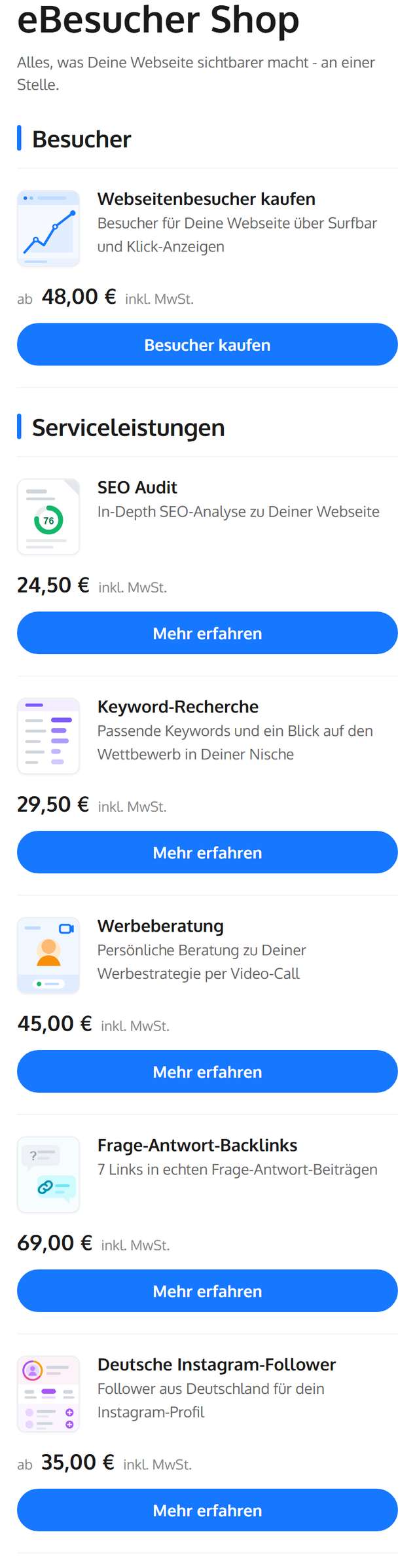 Die Seite eBesucher Shop mit allen Produkten für Werbetreibende: Webseitenbesucher, SEO Audit, Keyword-Recherche, Werbeberatung, Frage-Antwort-Backlinks und deutsche Instagram-Follower mit Preisen