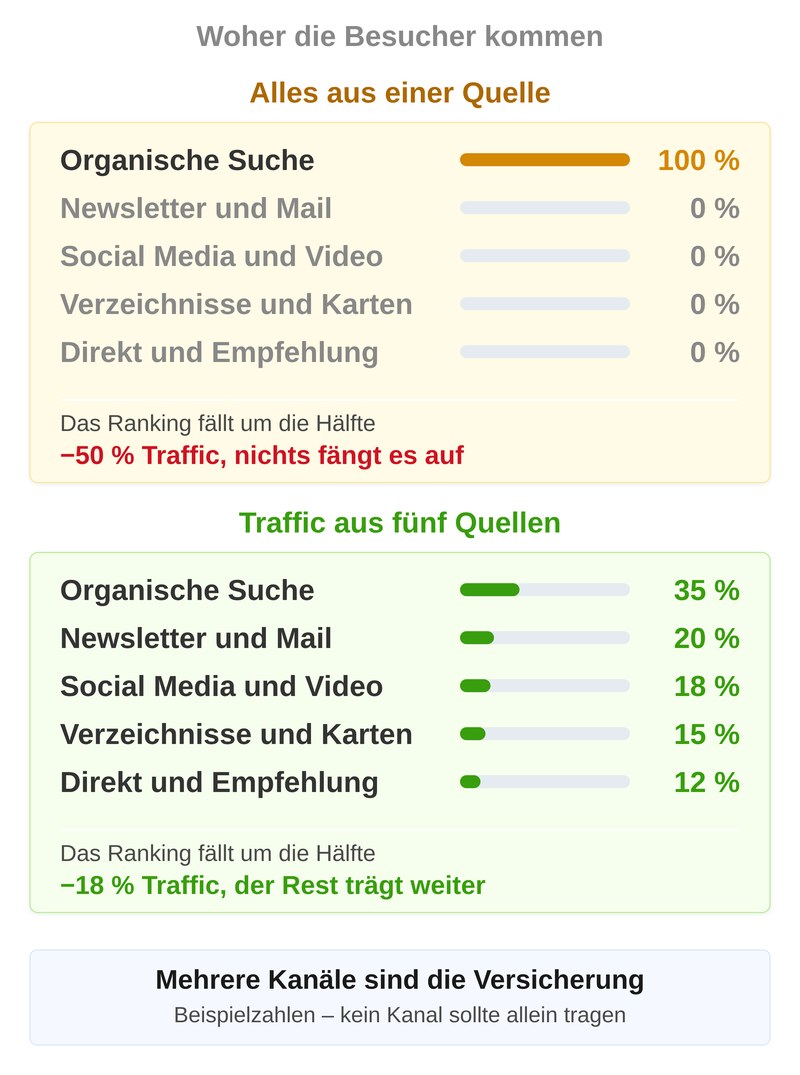 Traffic aus einer Quelle neben Traffic aus fünf Quellen: fällt das Ranking um die Hälfte, fehlen einmal 50 Prozent aller Besucher und einmal 18 Prozent