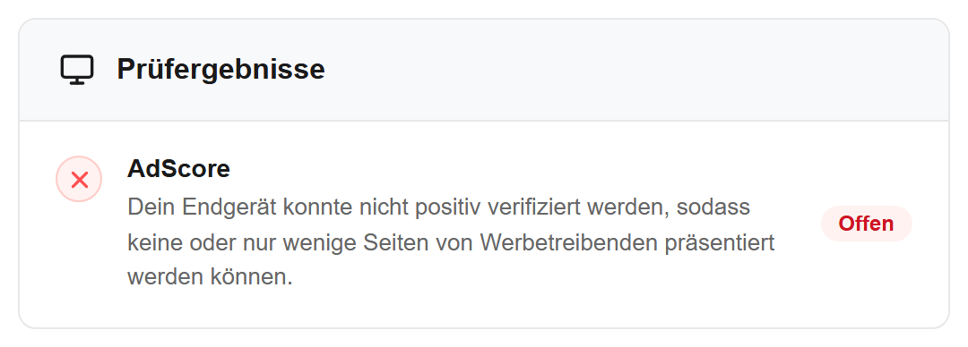 Prüfergebnis in der Diagnose: AdScore steht auf „Offen" mit dem Hinweis, dass das Endgerät nicht positiv verifiziert werden konnte