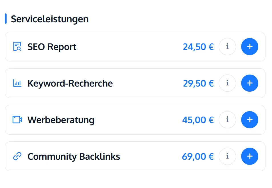 Serviceleistungen in Schritt 2 des Bestellablaufs