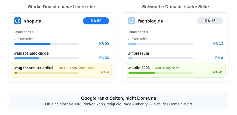 Domain Authority vs. Page Authority: eine starke Domain mit einer neuen Unterseite ohne Links und eine schwache Domain mit einer viel zitierten Einzelseite